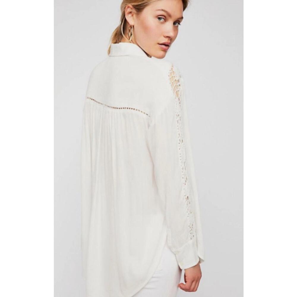 Free People KATIE BIRD Crochet Inset Long Buttoned Sleeve Shirt Top White S $108 - Picture 3 of 8